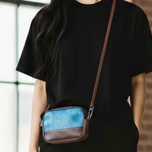 Sonia Rykiel Blue Brown Black Colorblock Stamp Logo Leather Camera Crossbody Bag